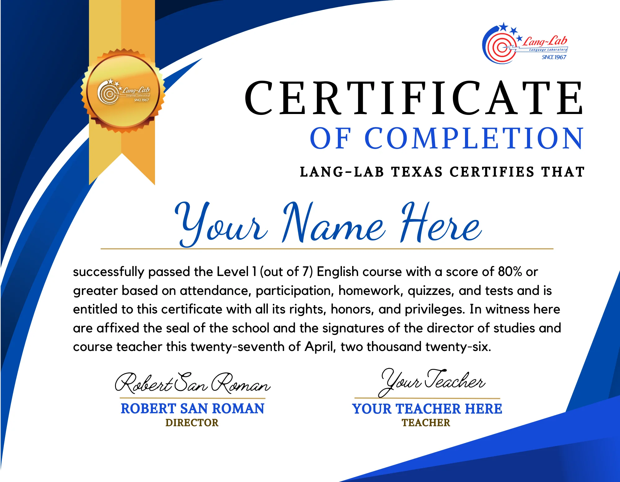 Certificado entregado por Lang-Lab Texas al completar un nivel