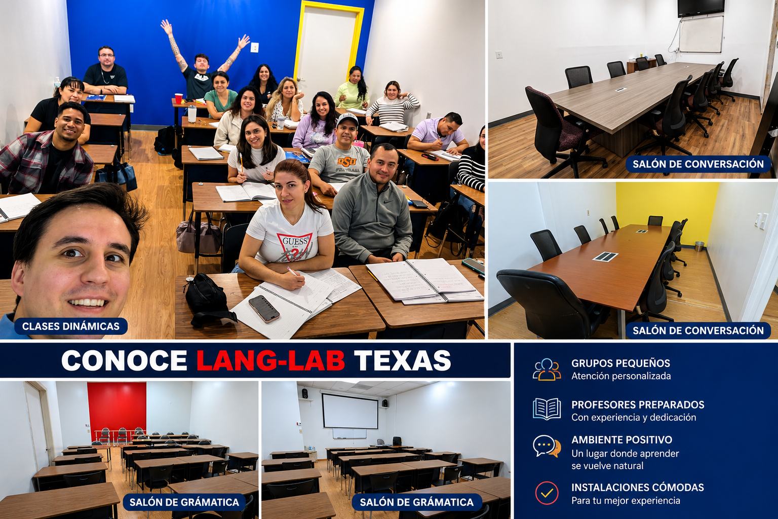Instalaciones de Lang-Lab Texas con alumnos, salones de gramática y salones de conversación