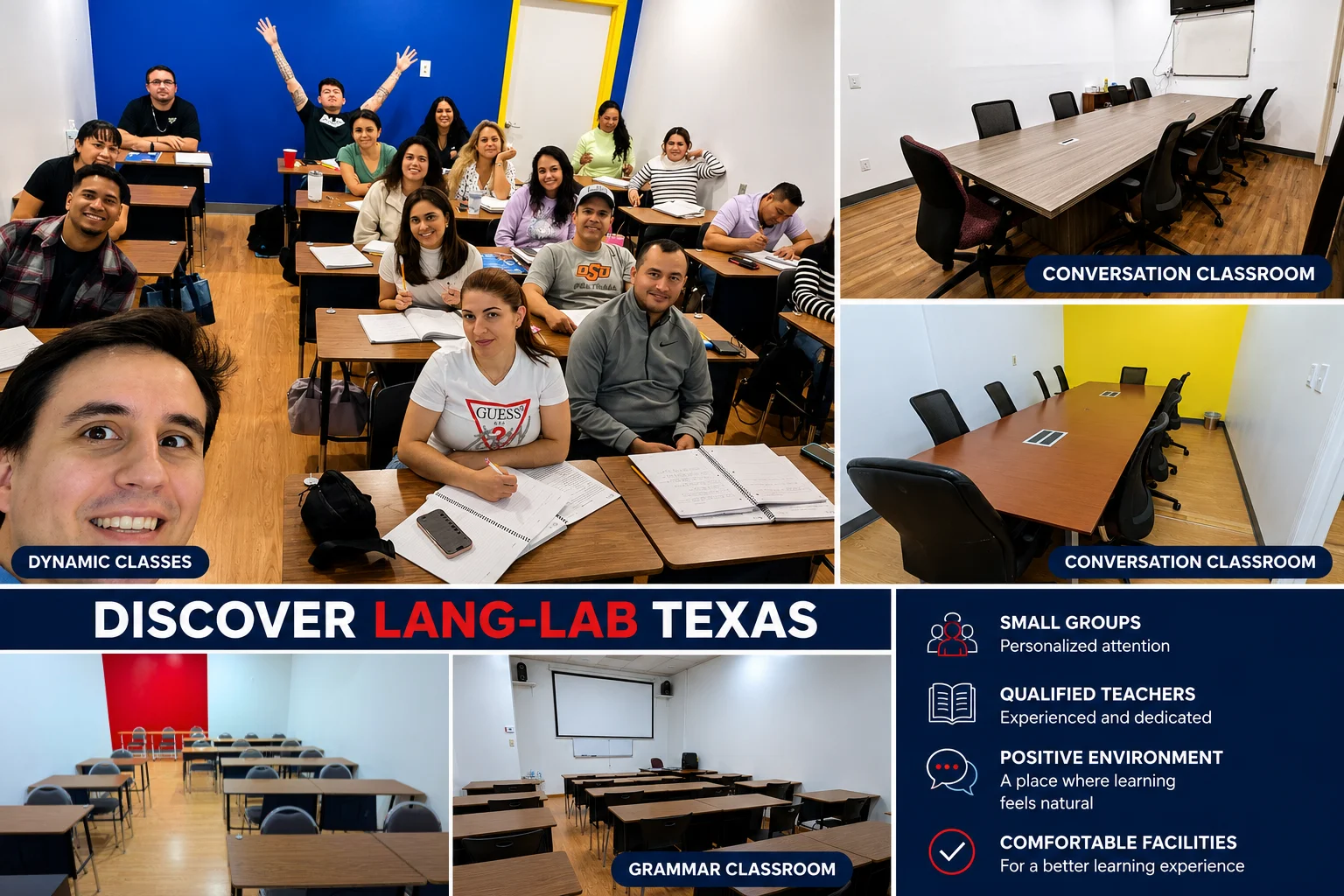 Lang-Lab Texas facilities with students, grammar classrooms, and conversation classrooms