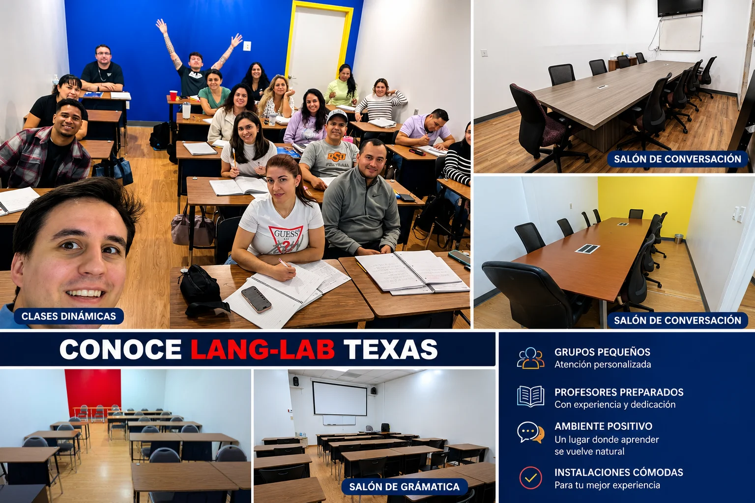 Instalaciones de Lang-Lab Texas con alumnos, salones de gramática y salones de conversación